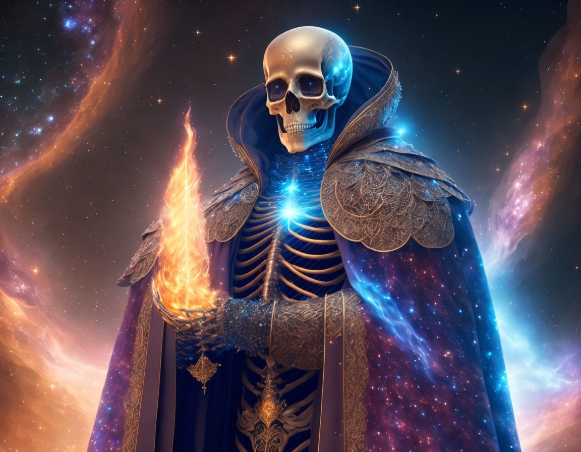 Cosmic skeletal figure with flaming sword in starry setting