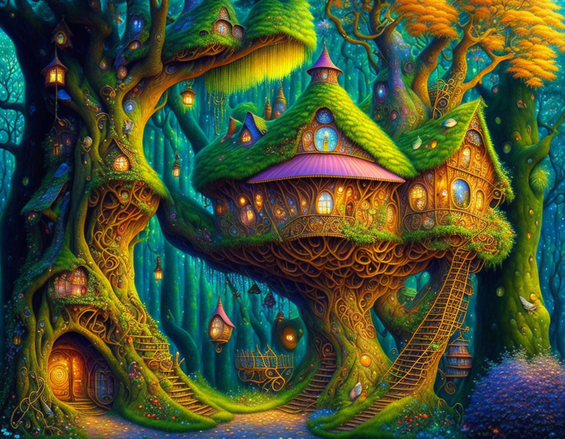 Fantasy illustration of whimsical treehouse in enchanted forest