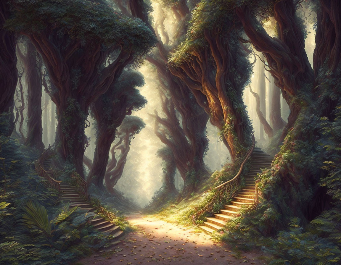 Ethereal forest scene with twisted trees, mossy staircase, and misty path.