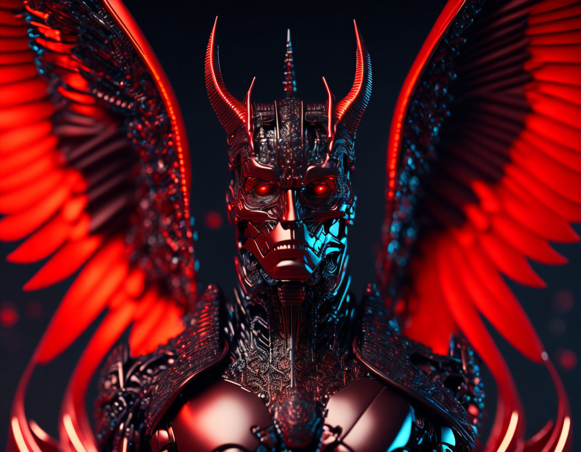 Menacing robotic figure with red eyes, horns, and wings on dark background