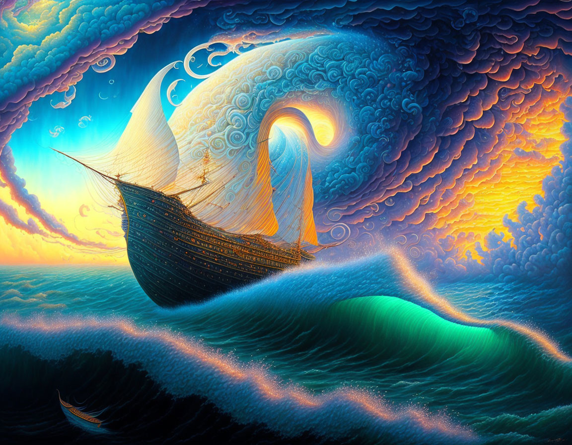 Vibrant surreal painting of ship at sea with stylized waves and clouds