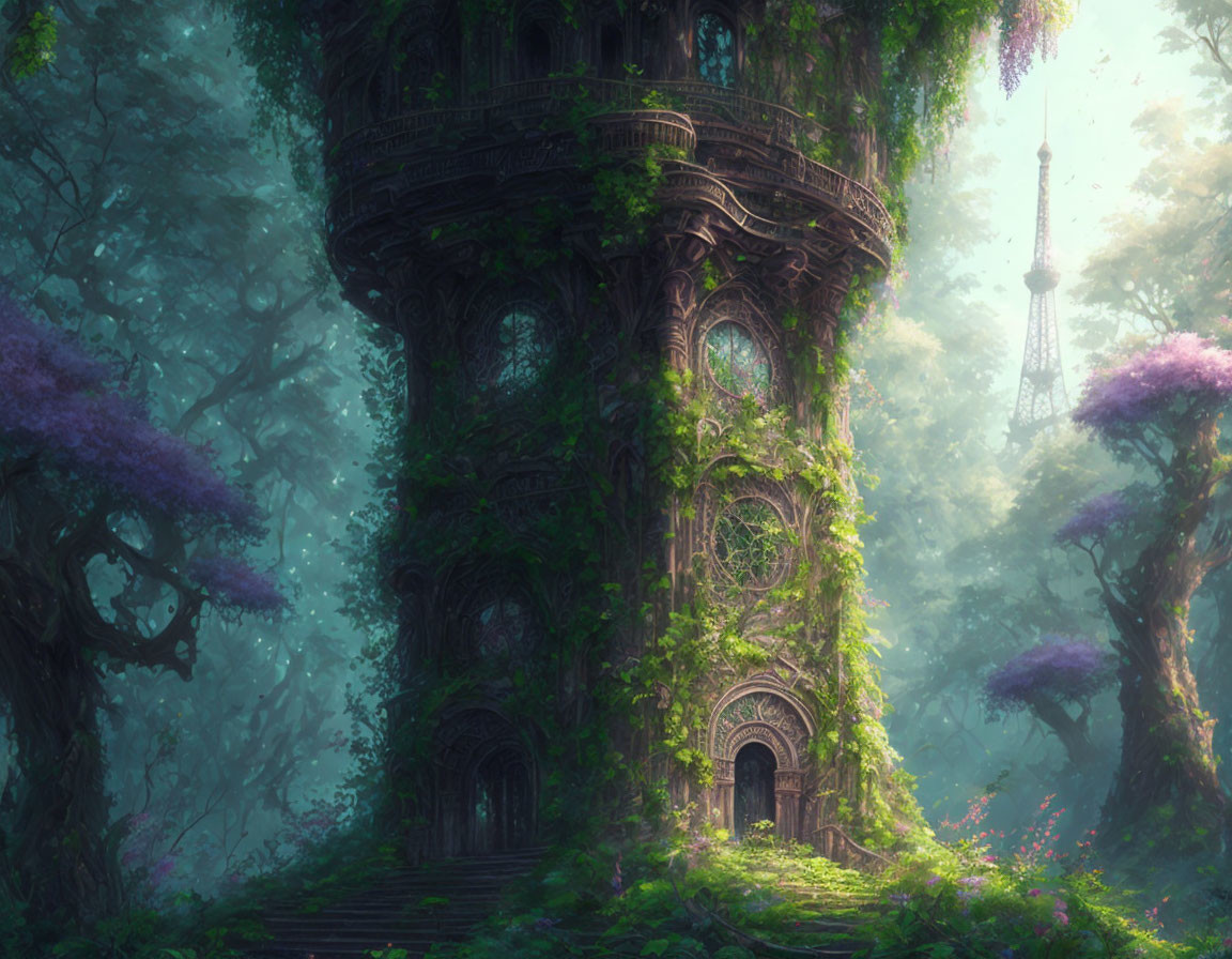 Mystical forest scene with intricate tree tower and lush purple blossoms