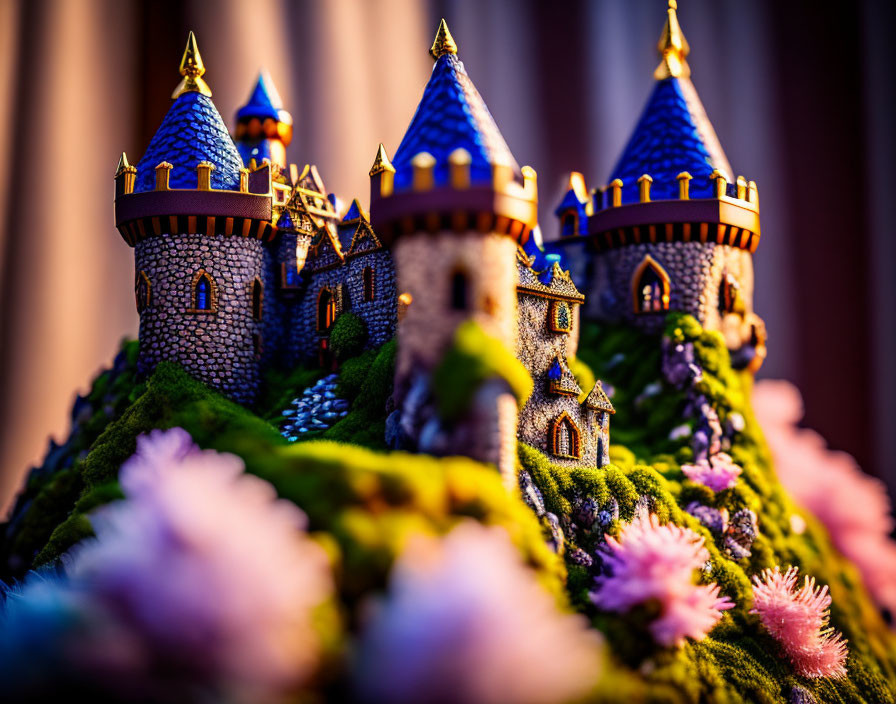 Colorful miniature castle with blue and gold towers in fantasy landscape
