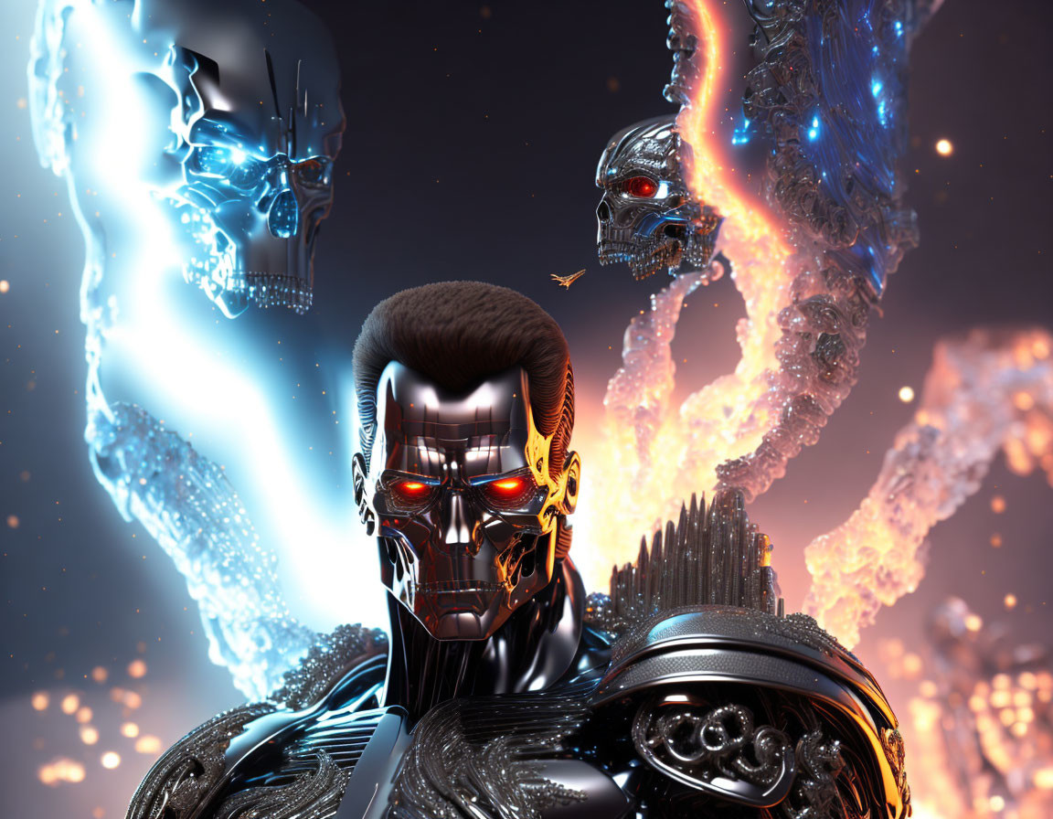 Detailed 3D Rendering of Terminator Robot with Glowing Red Eyes