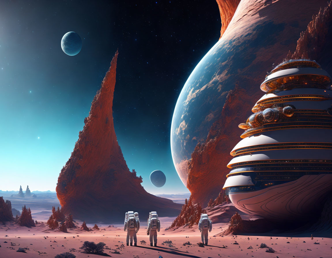 Futuristic landscape with astronauts, rocky formations, sci-fi structure, and giant planets in reddish