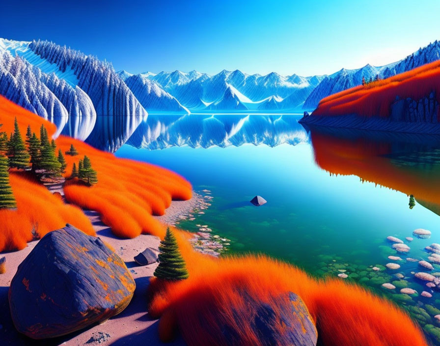 Colorful Landscape: Orange Shoreline, Blue Lake, Snow-Capped Mountains