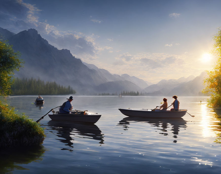Rowing boats on tranquil lake with mountains at sunset