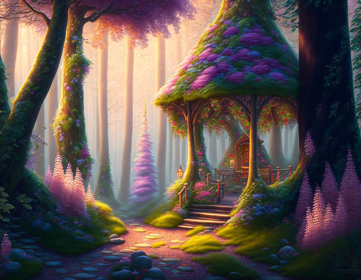 Enchanting forest scene with sunbeams, cobblestone path, and whimsical treehouse