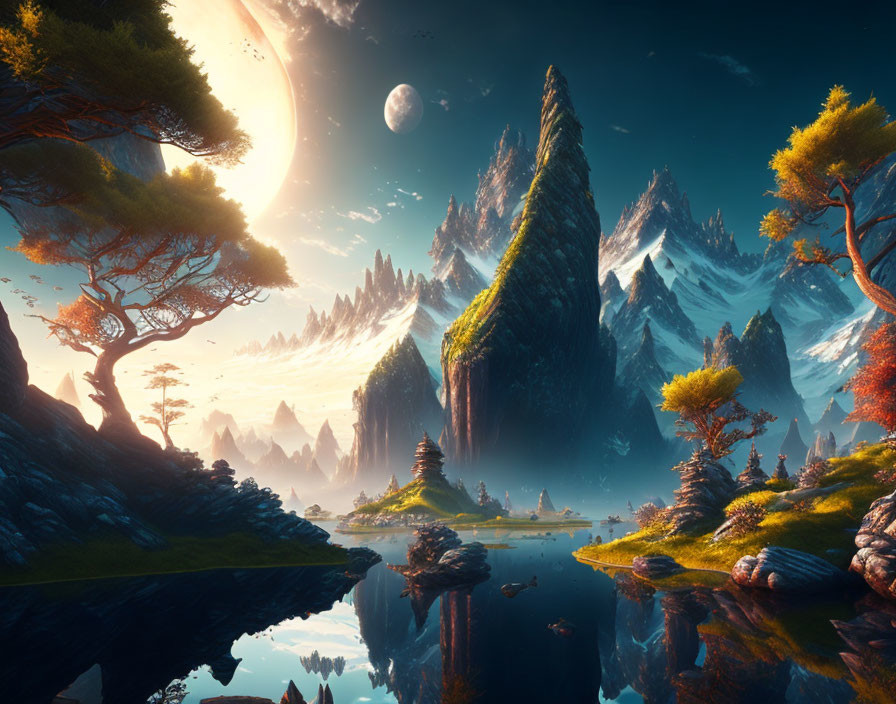 Tranquil fantasy landscape with mountains, lake, trees, and crescent moon