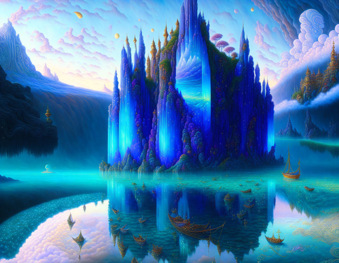 Fantastical landscape with glowing blue crystal mountain and tranquil lake