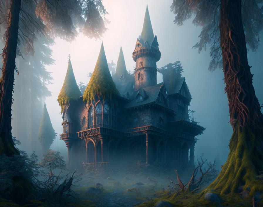 Majestic castle with pointed towers in mystical forest