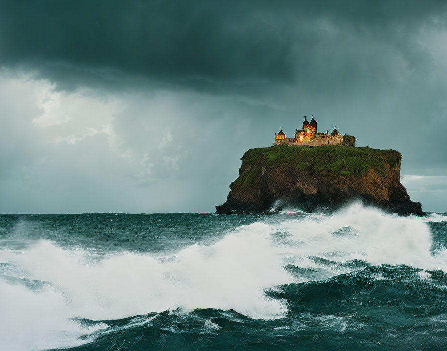 Stormy skies over lone castle on rugged island with crashing waves