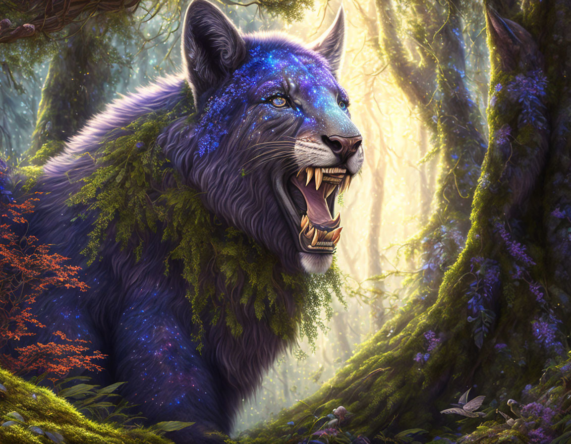 Mystical blue wolf with starry fur in enchanted forest with glowing trees