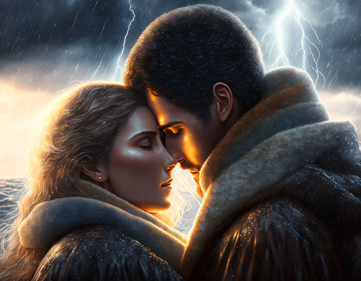 Digital Artwork: Couple Embracing with Stormy Sky