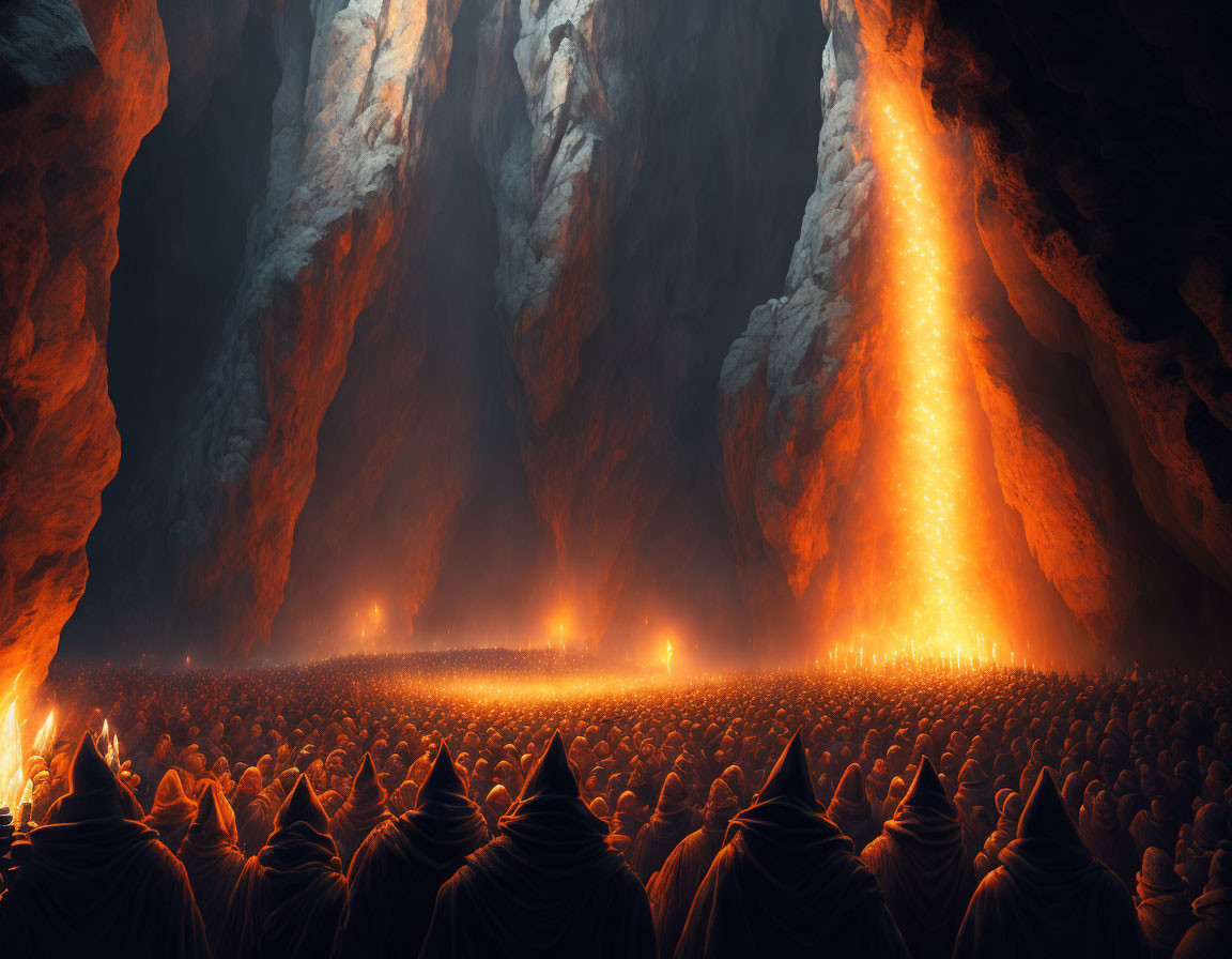 Mysterious underground cavern with hooded figures in fiery light