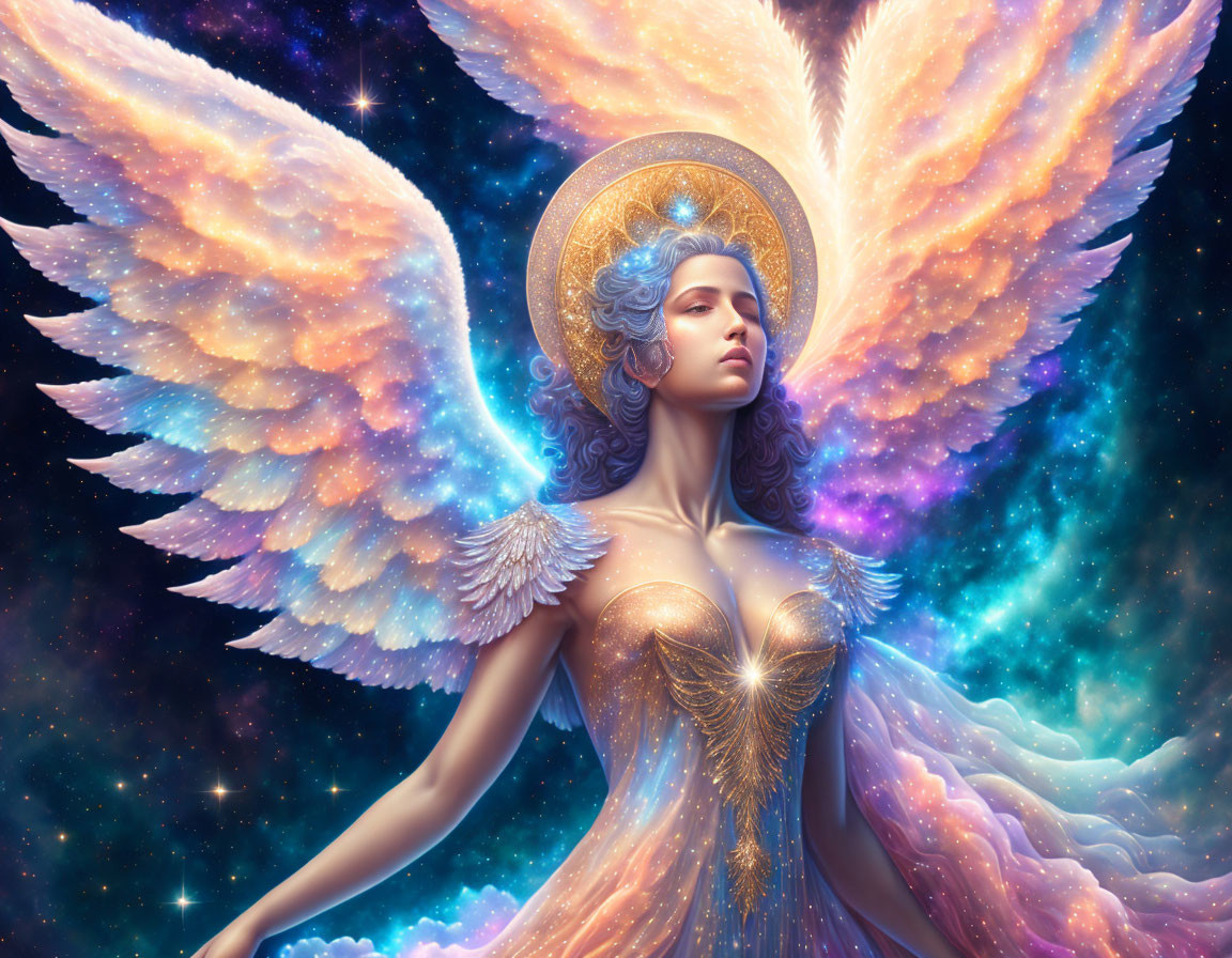 Celestial background with serene female figure, white wings, and golden halo.
