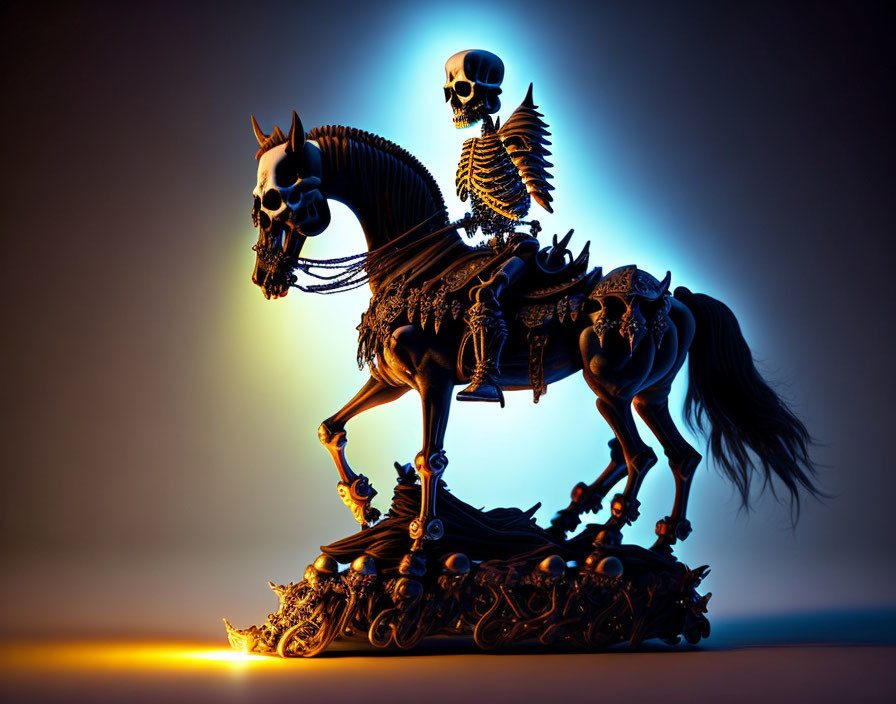 Detailed skeletal figure on horseback in dramatic backlight