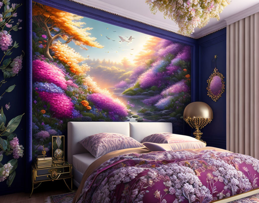 Colorful Blooming Landscape Wall Mural in Vibrant Bedroom