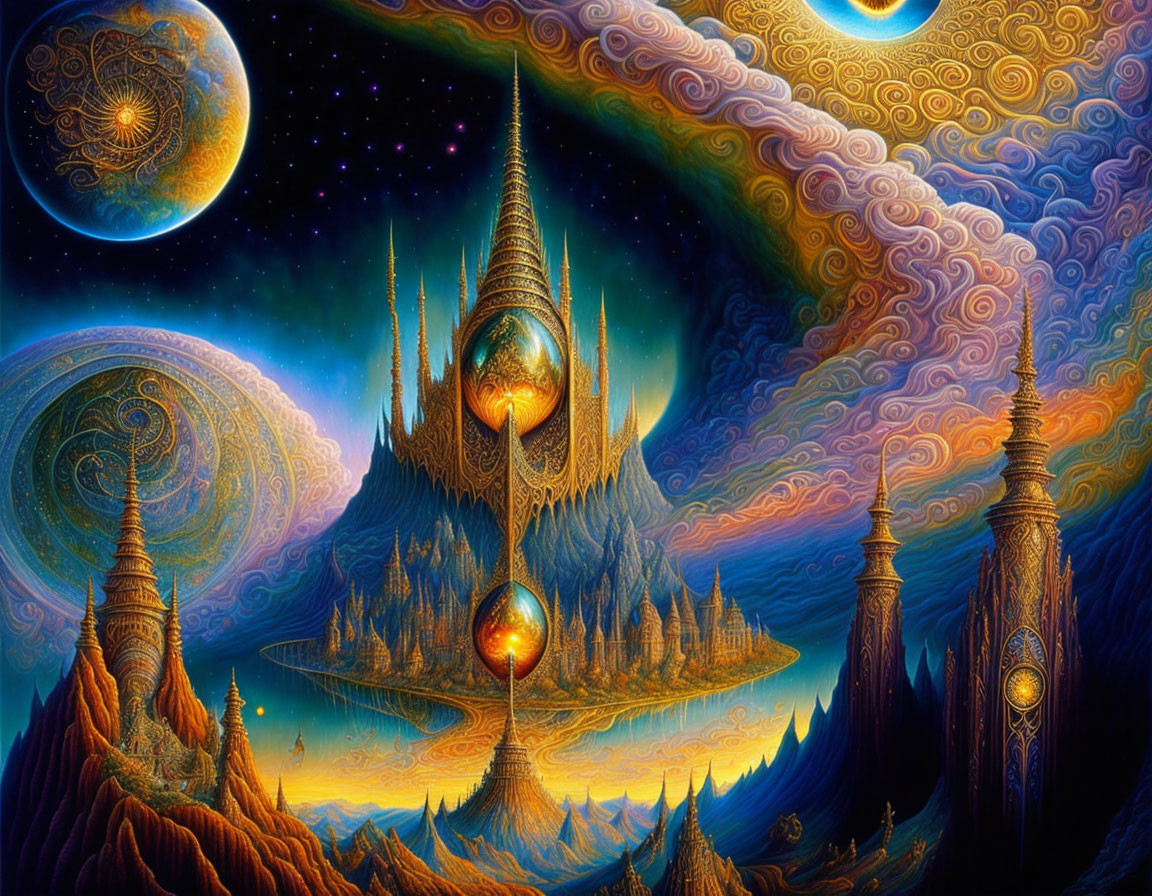 Fantasy landscape with ornate towers, floating orbs, and starry sky