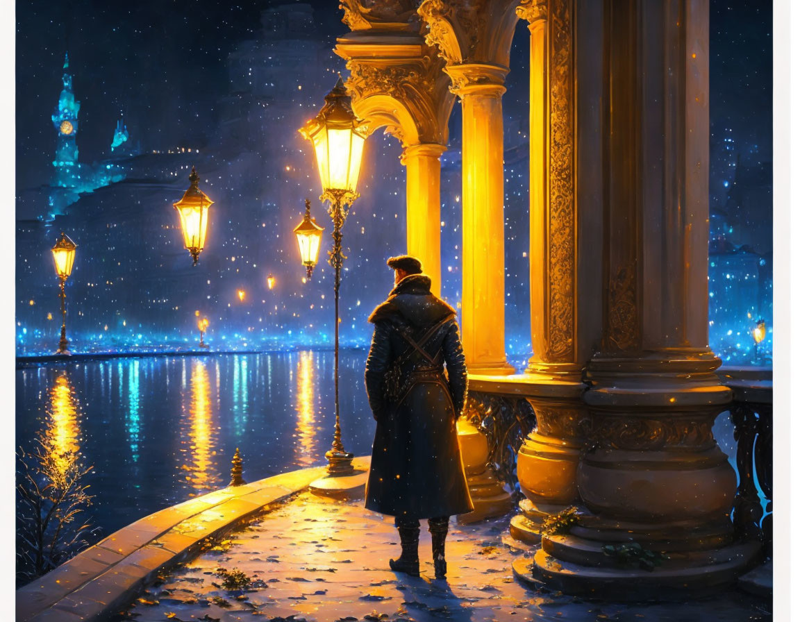 Person in coat and hat by snowy riverside pavilion at night