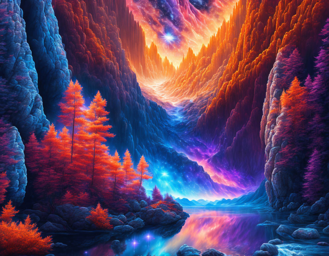 Colorful fantasy landscape with rock formations, reflective river, orange trees, starry sky gradient
