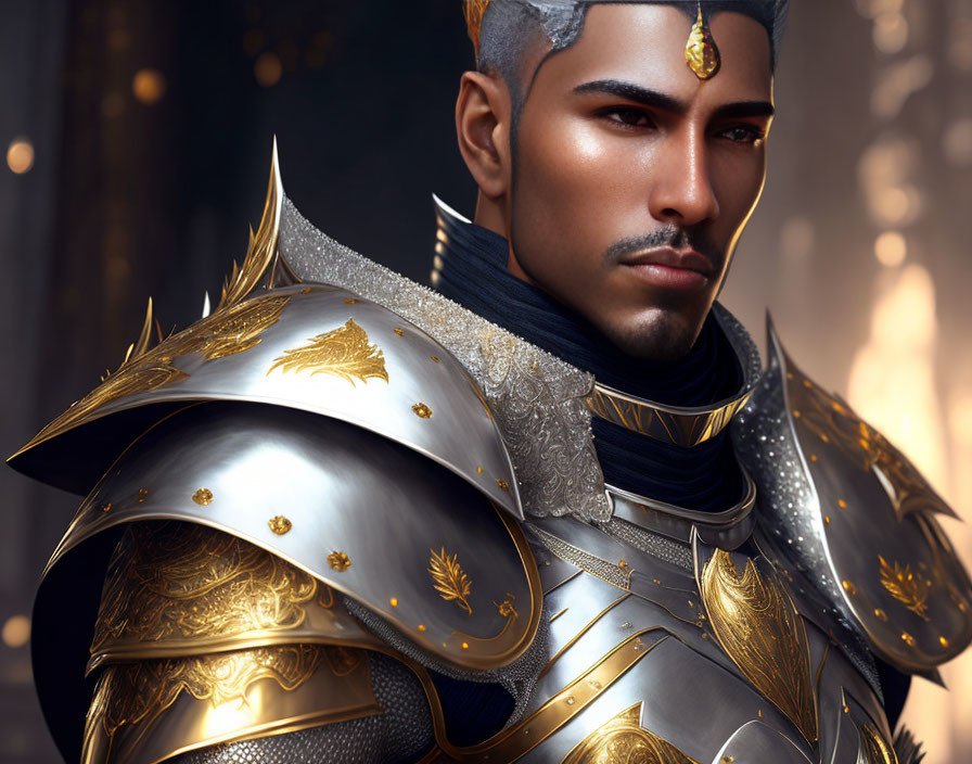 Detailed Digital Portrait of Man in Ornate Golden and Silver Armor