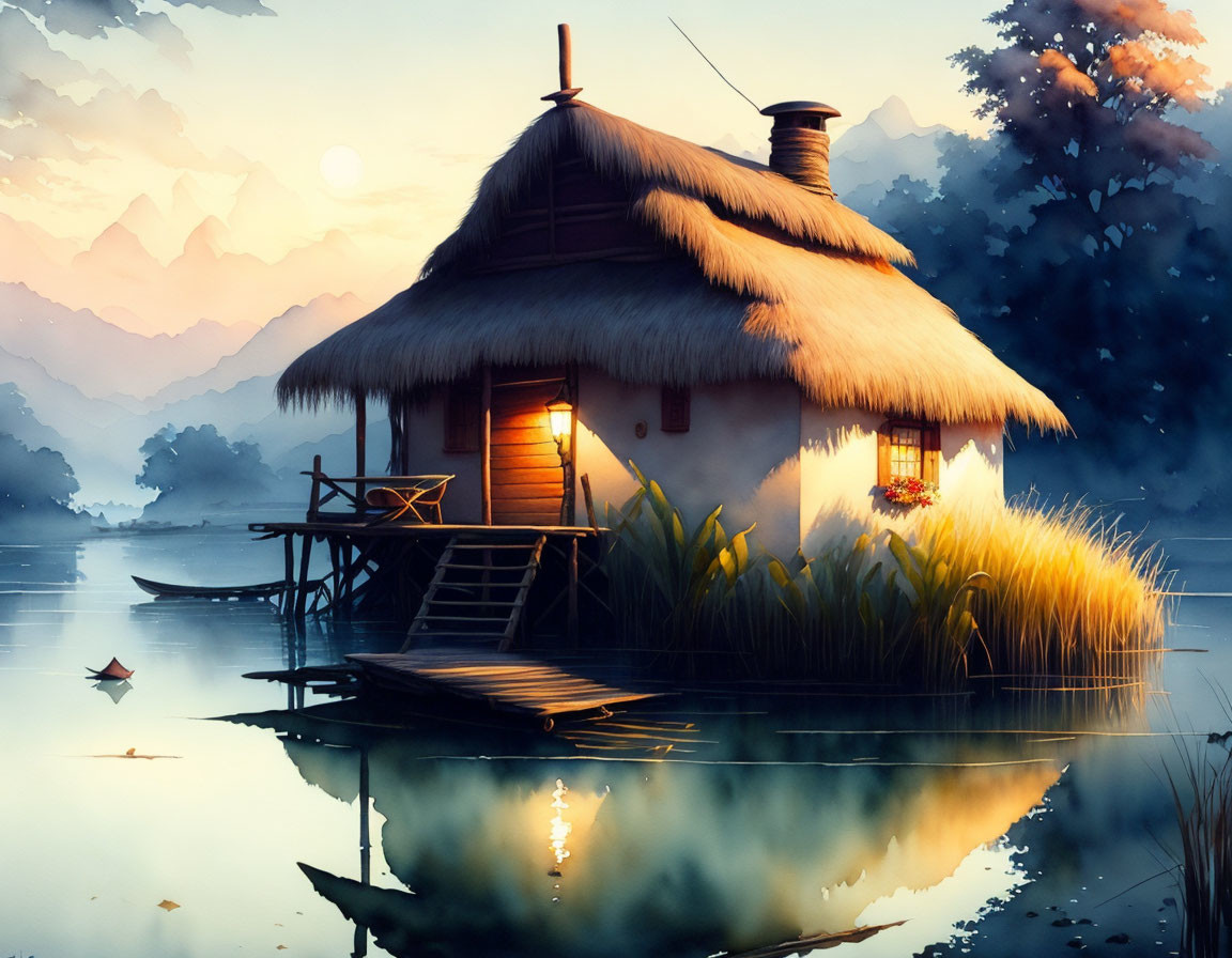 Scenic illustration of thatched-roof cottage by water at dusk