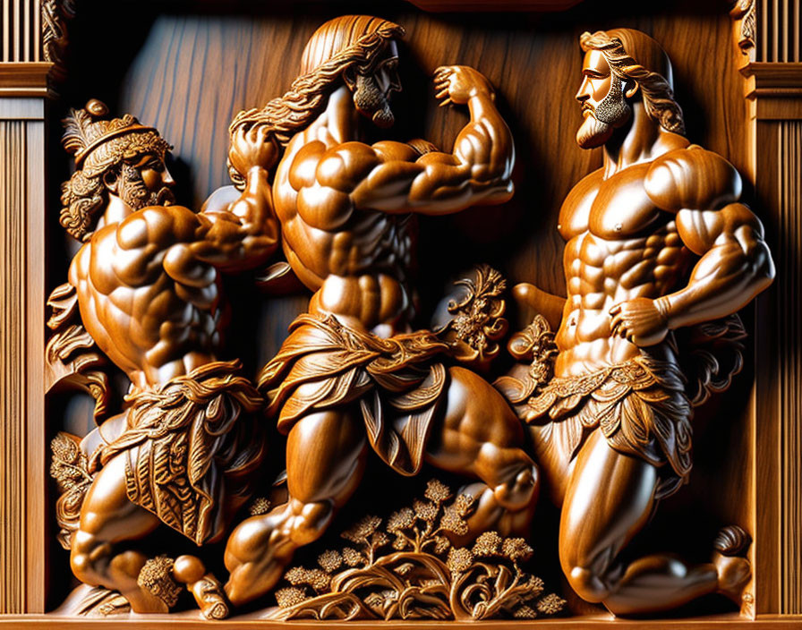 Wooden relief sculpture of three muscular, bearded male figures in dynamic poses