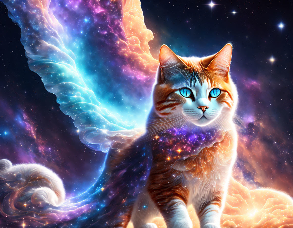 Orange Tabby Cat with Blue Eyes in Cosmic Background