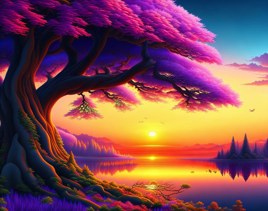 Surreal landscape with purple trees, tranquil lake, and mountains at sunset