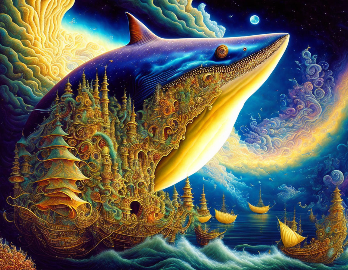 Giant surreal whale with city pattern, ships on ocean waves, starry sky