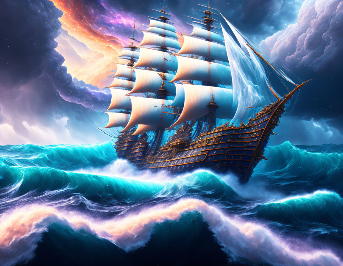 Sailing ship on stormy sea under colorful sky