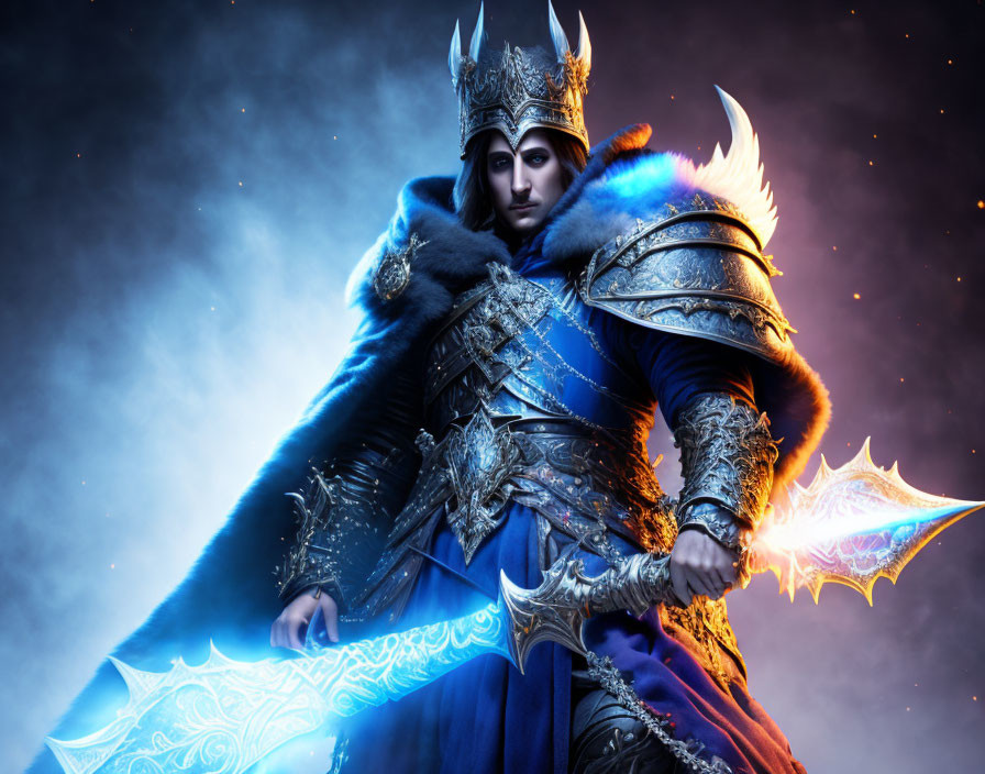 Majestic figure in blue armor with glowing sword on dark blue backdrop