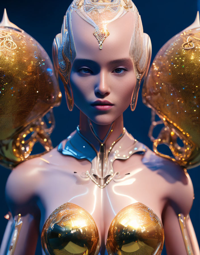 Futuristic female android with golden shoulder pads and headpiece on blue background