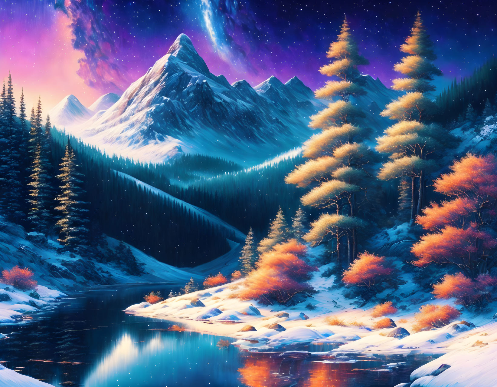 Majestic mountain landscape at twilight with river, pine trees, and starry sky