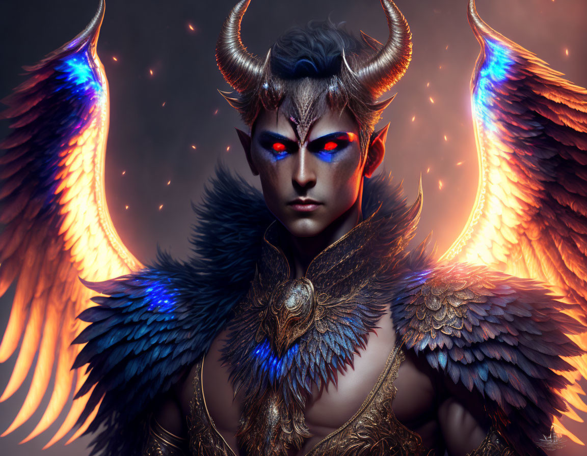 Mystical creature with blue glowing eyes, feathered wings, and ornate armor