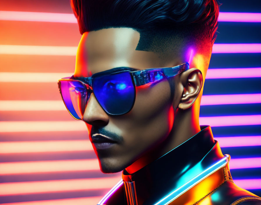 Modern Man in Sunglasses with Neon Background
