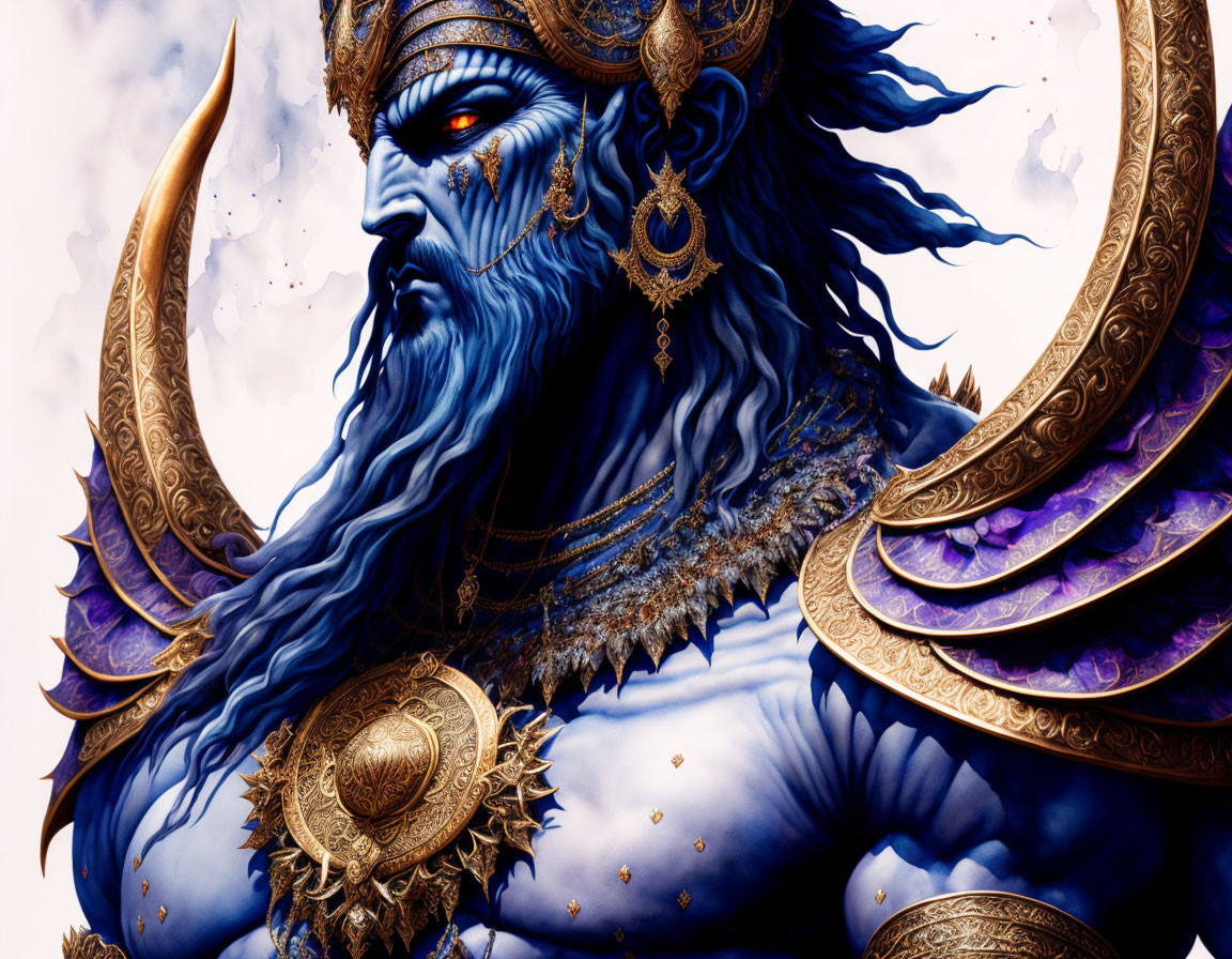 Blue-skinned deity in ornate golden armor and purple attire against celestial backdrop