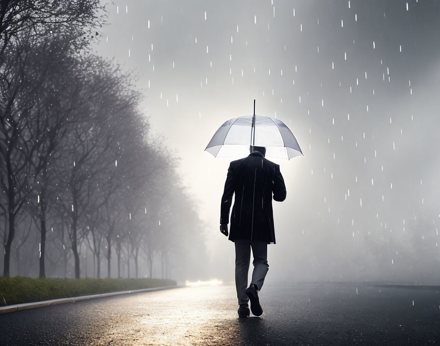 Person in dark coat walks under transparent umbrella on misty road.