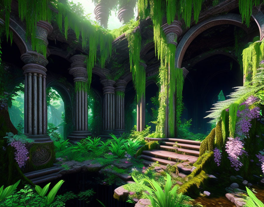 Verdant overgrown ruin with classic columns in lush forest