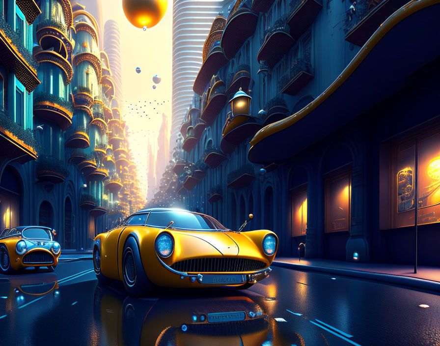 Futuristic cityscape with vintage cars, high-rise buildings, and floating orbs at twilight