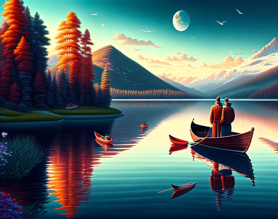 Serene lake scene with two people by canoe, moonlit sky, vibrant trees, and mountains