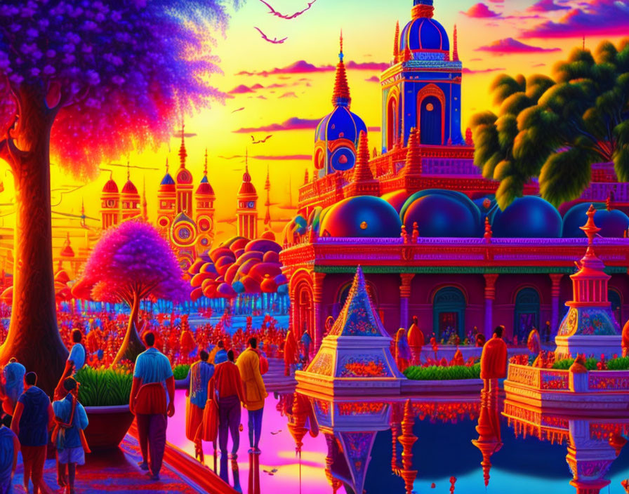 Colorful Artwork of People Walking Towards Ornate Buildings by Reflective Water