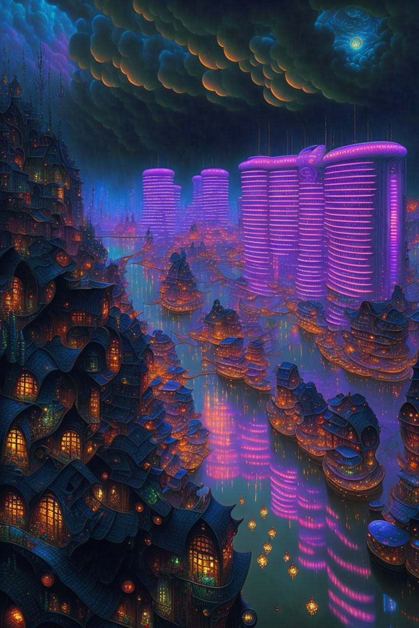 Nighttime cityscape with traditional buildings, neon lights, and glowing orb.