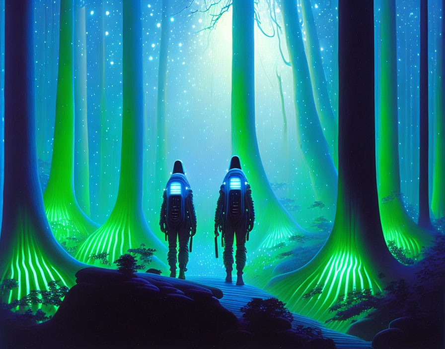 Mystical forest scene with two figures in spacesuits