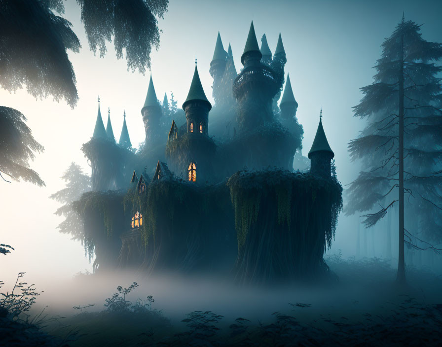 Enchanting castle with spires in mist atop ancient tree in mystical forest