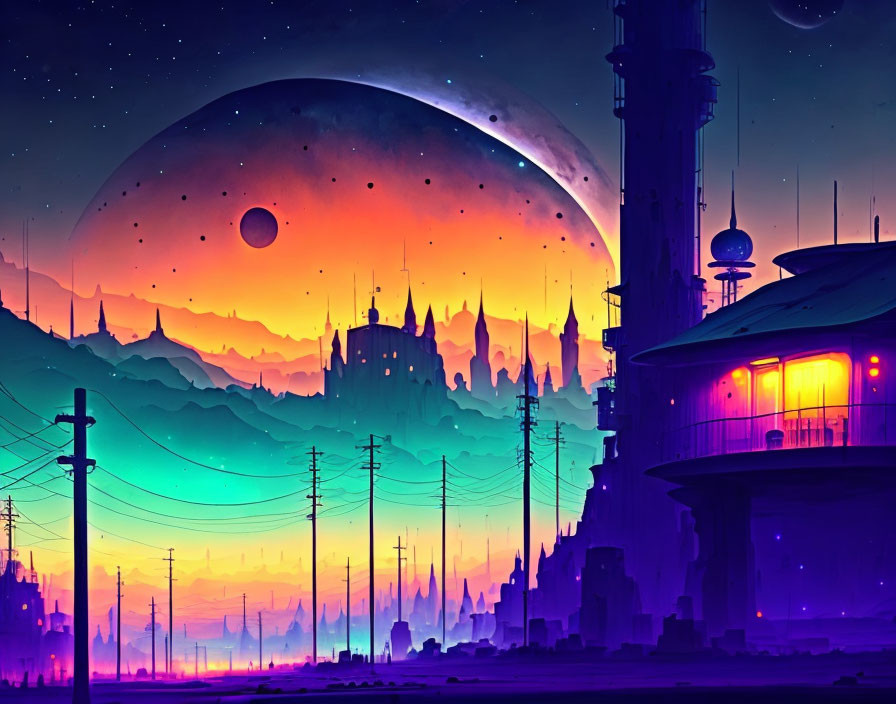 Futuristic sci-fi cityscape with moons, mountains, and starlit sky