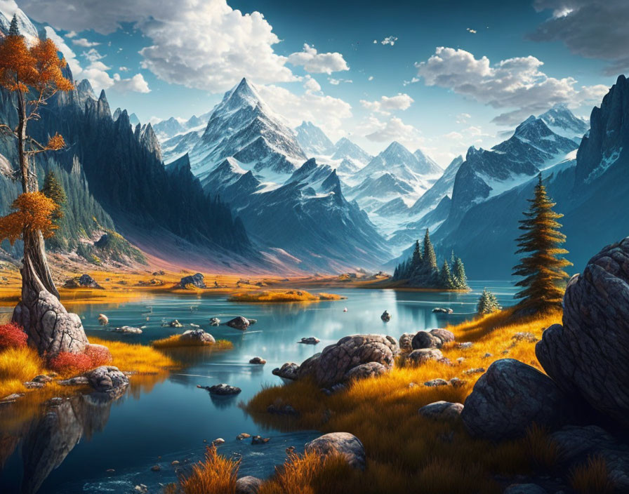 Autumn mountain landscape with river, snow-capped peaks, and blue sky