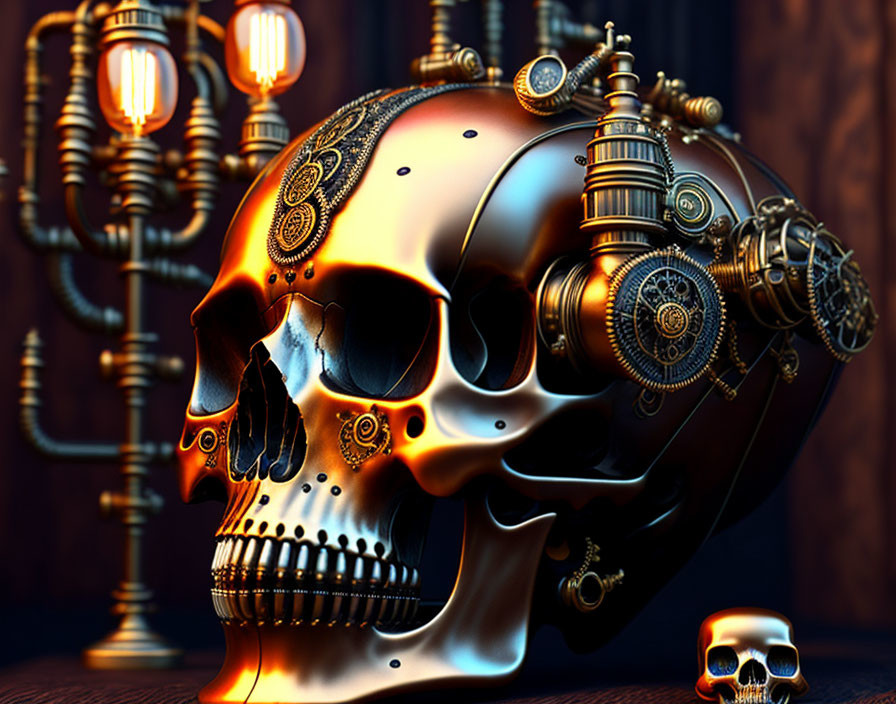Steampunk skull digital artwork with gears and pipes on moody backdrop