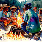 Cowboys around campfire in forest at night with blue and purple hues